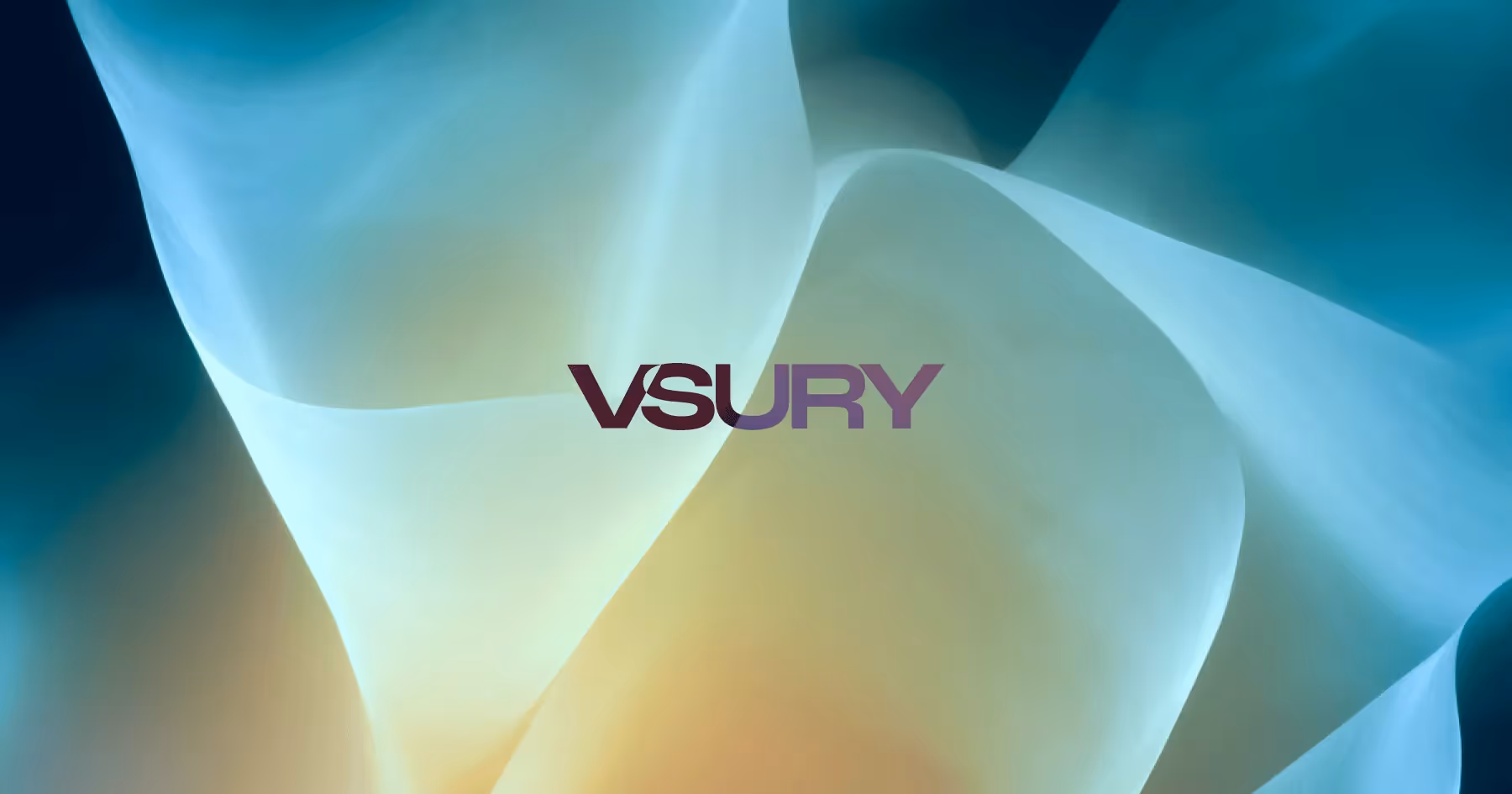VSURY logo in deep purple centered over an abstract, flowing background of soft blues, teals, and warm golden light.
