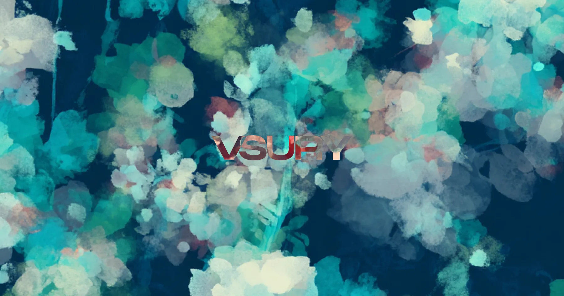 Abstract digital artwork featuring flowing, cloud-like shapes in teal, blue, and coral tones with a soft, artistic watercolor effect creating depth and movement.