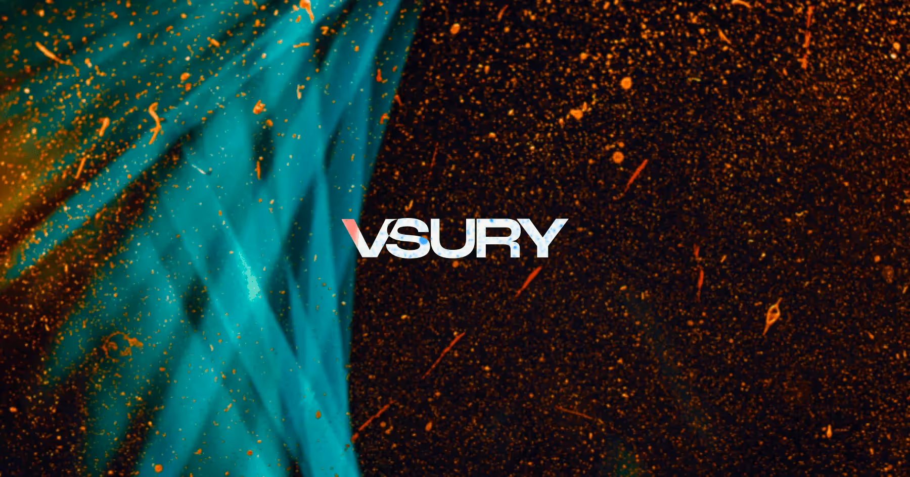 Abstract design with flowing turquoise curves against a dark background, accented by scattered orange particles that suggest digital connectivity and movement.