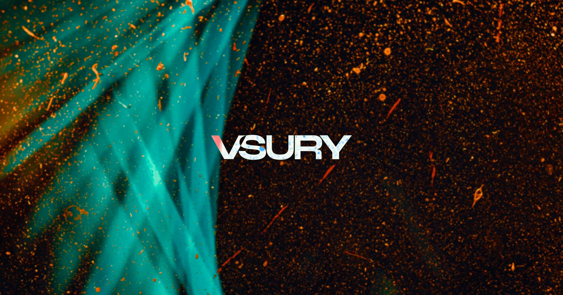 Abstract design with flowing turquoise curves against a dark background, accented by scattered orange particles that suggest digital connectivity and movement.