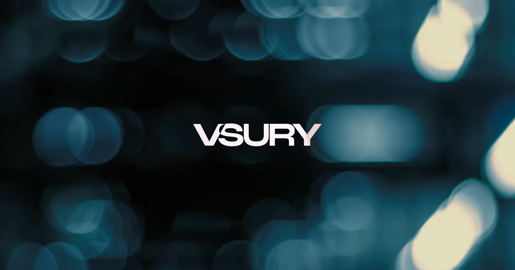 Modern VSURY logo displayed against a dark background with abstract teal and yellow lighting effects creating a professional, tech-forward aesthetic.
