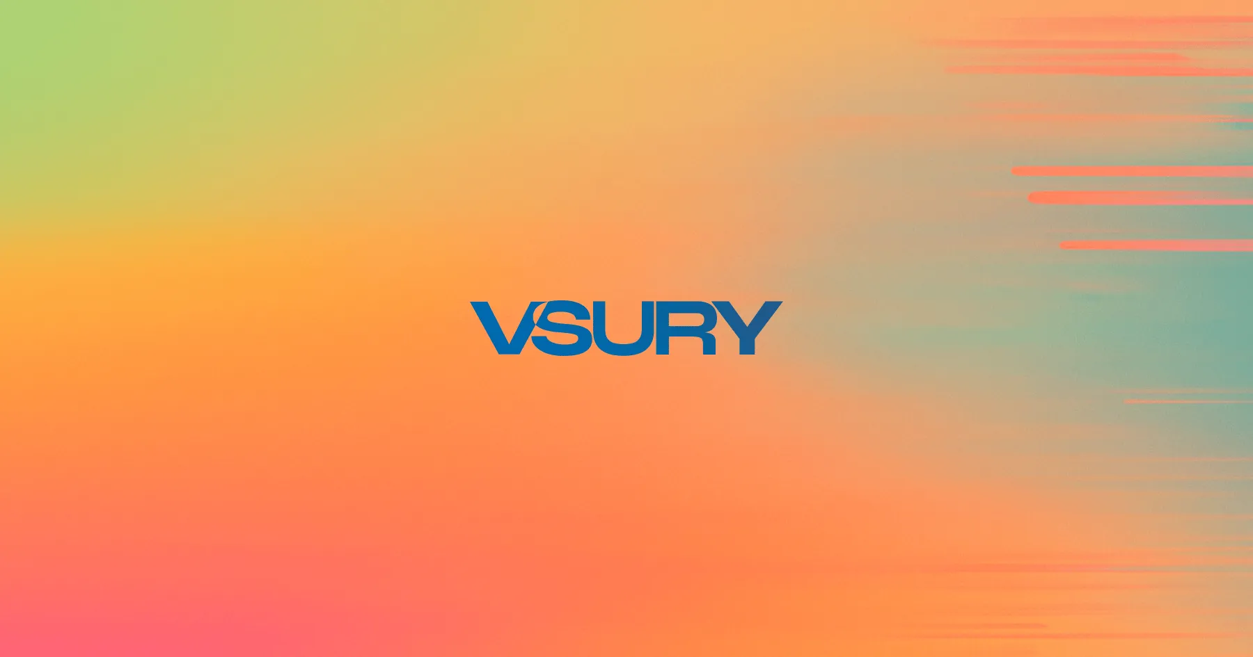 A vibrant gradient background transitioning from green to orange to coral with the blue VSURY logo prominently displayed in the center, featuring subtle geometric line elements on the right side of the composition.
