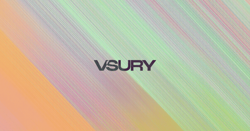 VSURY logo on a diagonal pastel gradient background