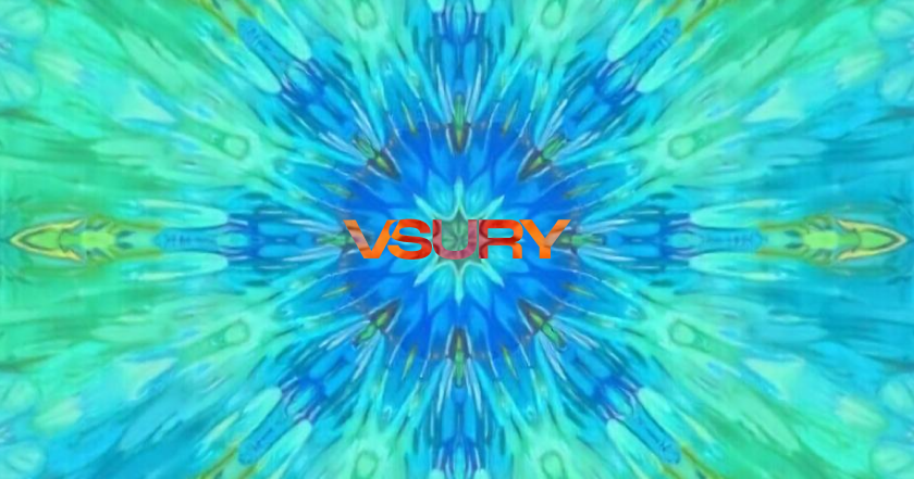 Vibrant blue and green radial burst pattern with symmetrical energy waves extending outward from the center.
