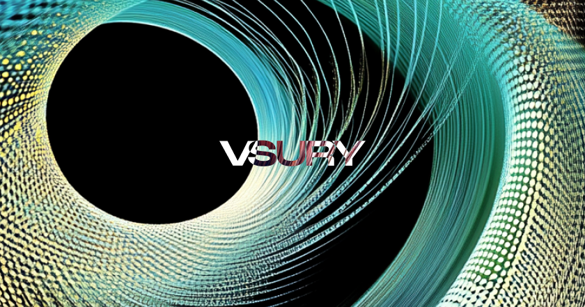 Abstract teal and gold spiral with VSURY logo.
