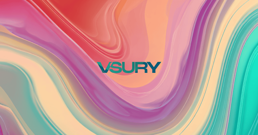 Abstract multicolor flowing gradient background with the VSURY logo centered.