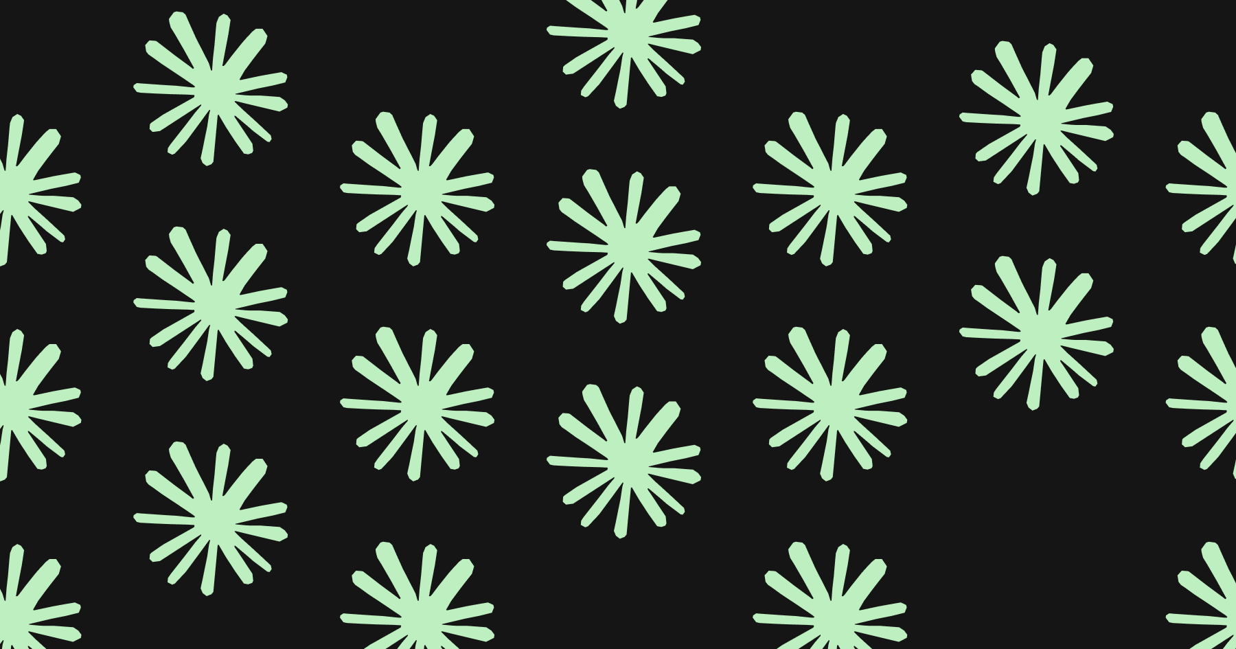 A pattern of mint green starburst shapes on a black background.