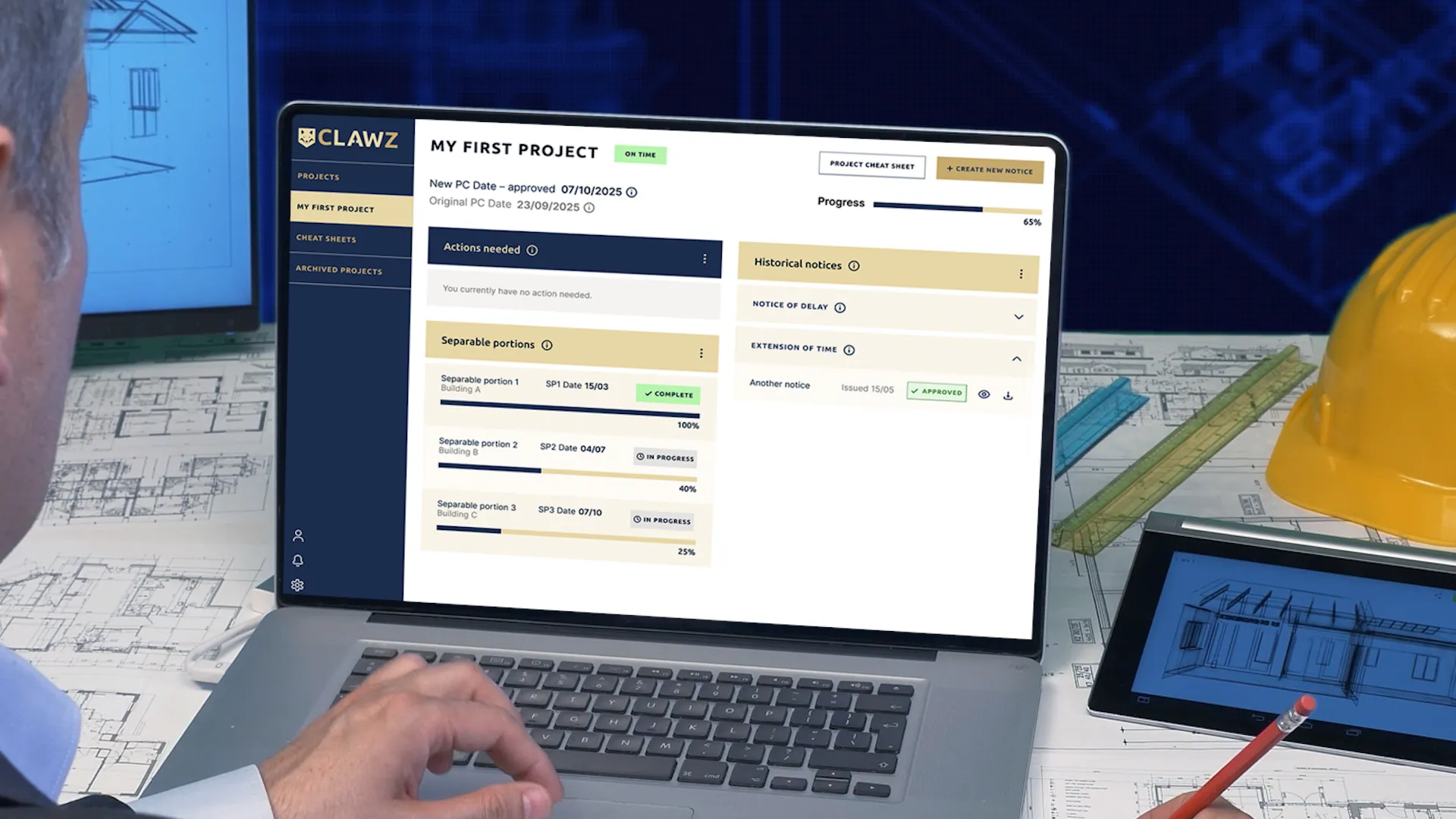 Person using a laptop showing CLAWZ project management software with progress tracked and architectural plans in the background.