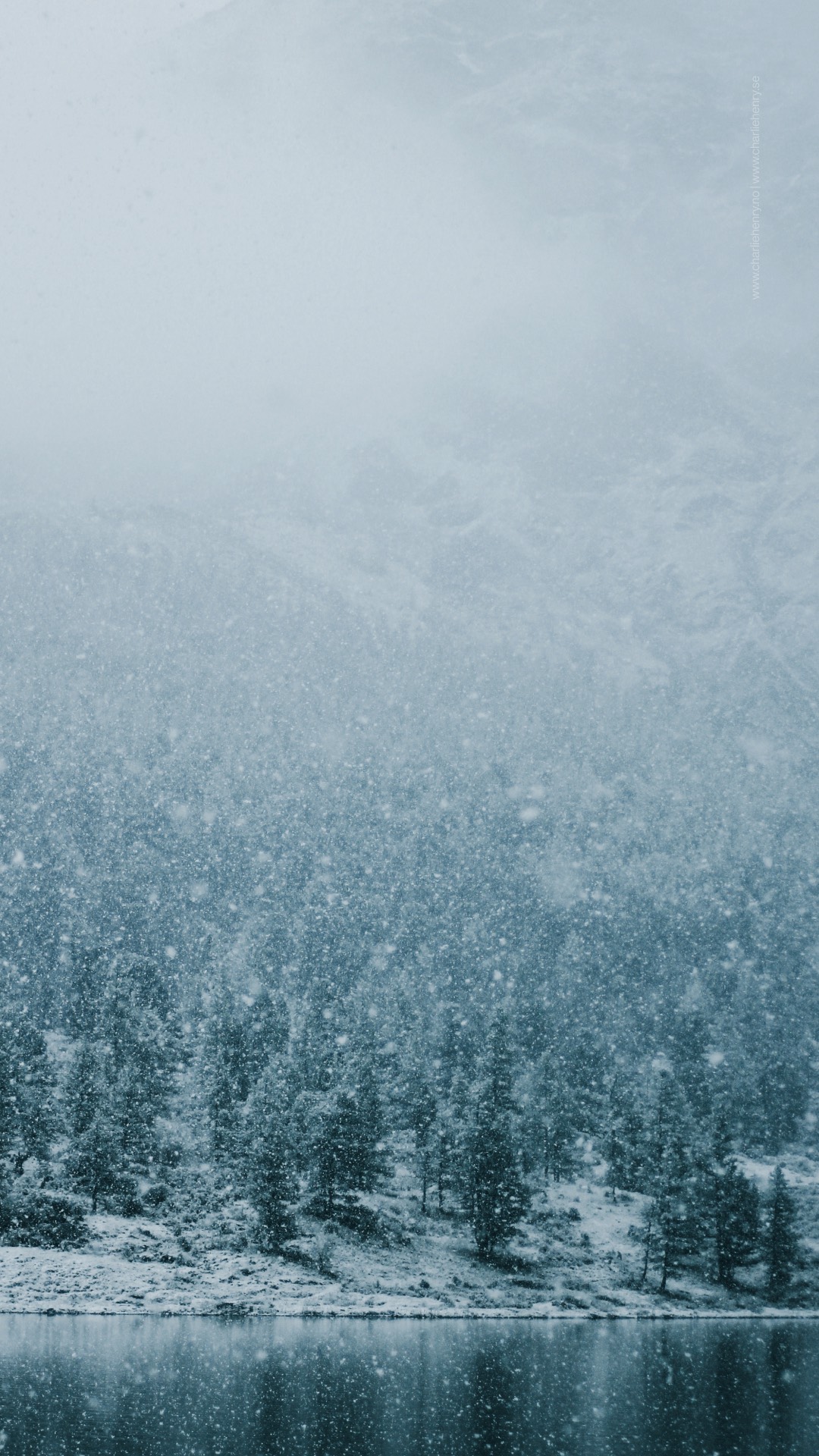 Heavy snowfall over a quiet pine forest and still lake in the Altai Mountains, Russia — captured by photographer Charlie Henry