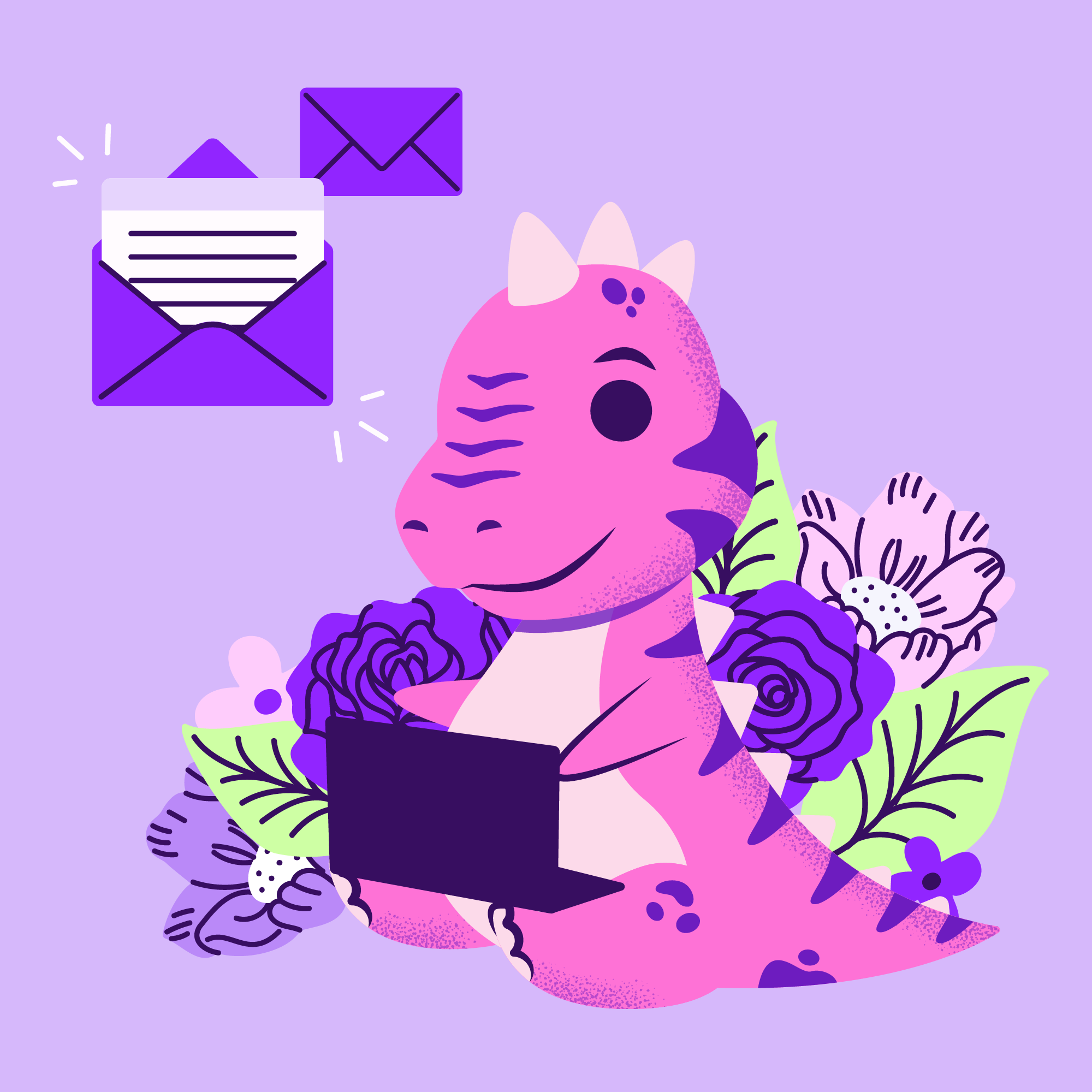A cute illustration of the NEA mascot dinosaur using a computer surrounded by flowers.