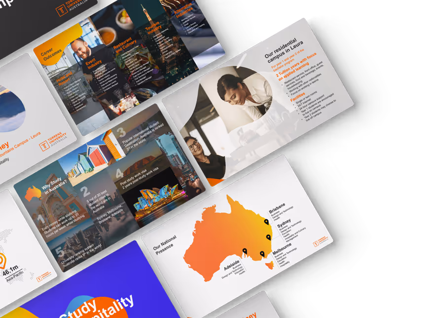 Collage of slide tiles showcasing a small snipped of the larger Torrens University sales presentation.