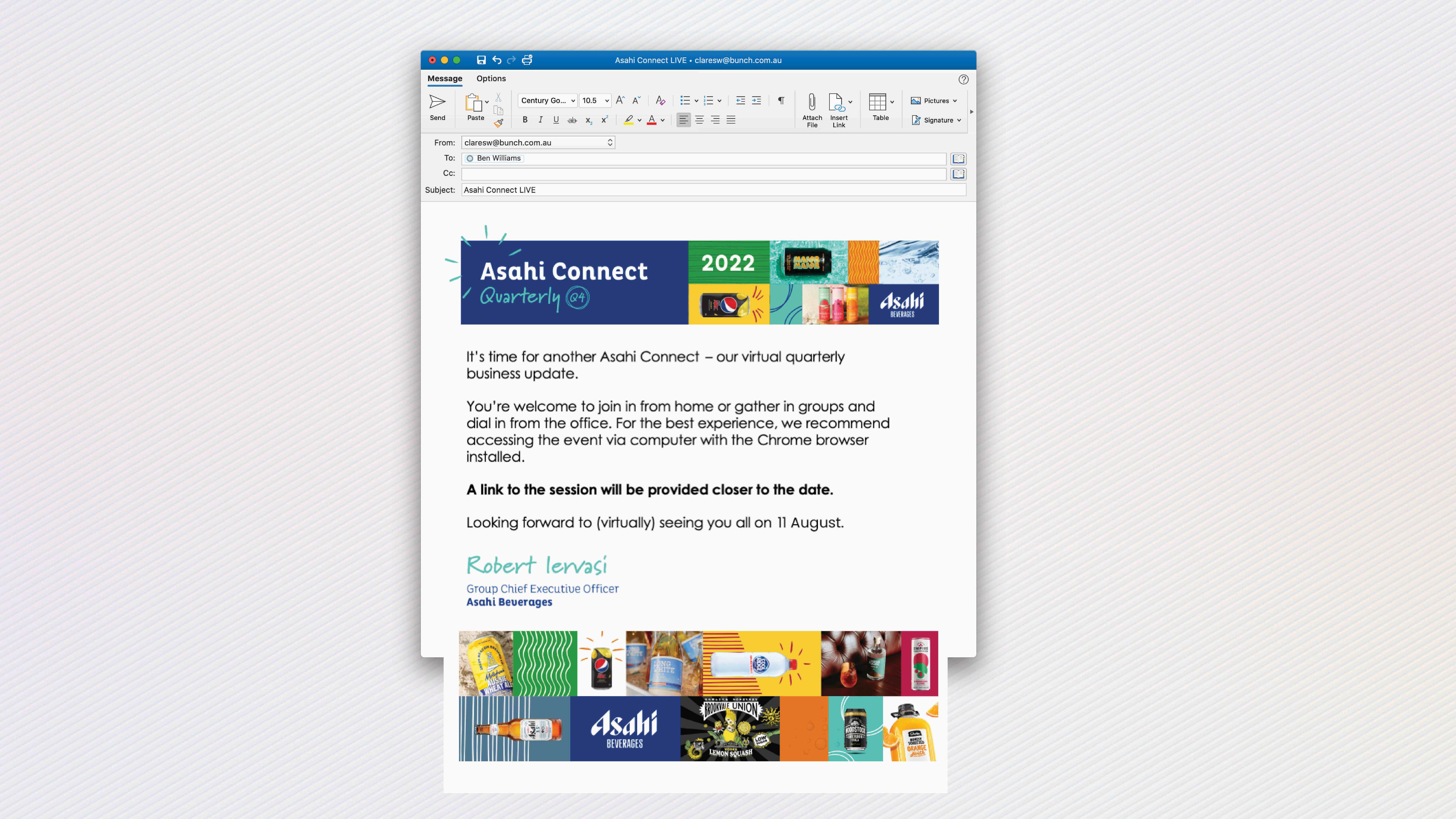 An EDM mock up inviting staff to the Asahi Connect event.