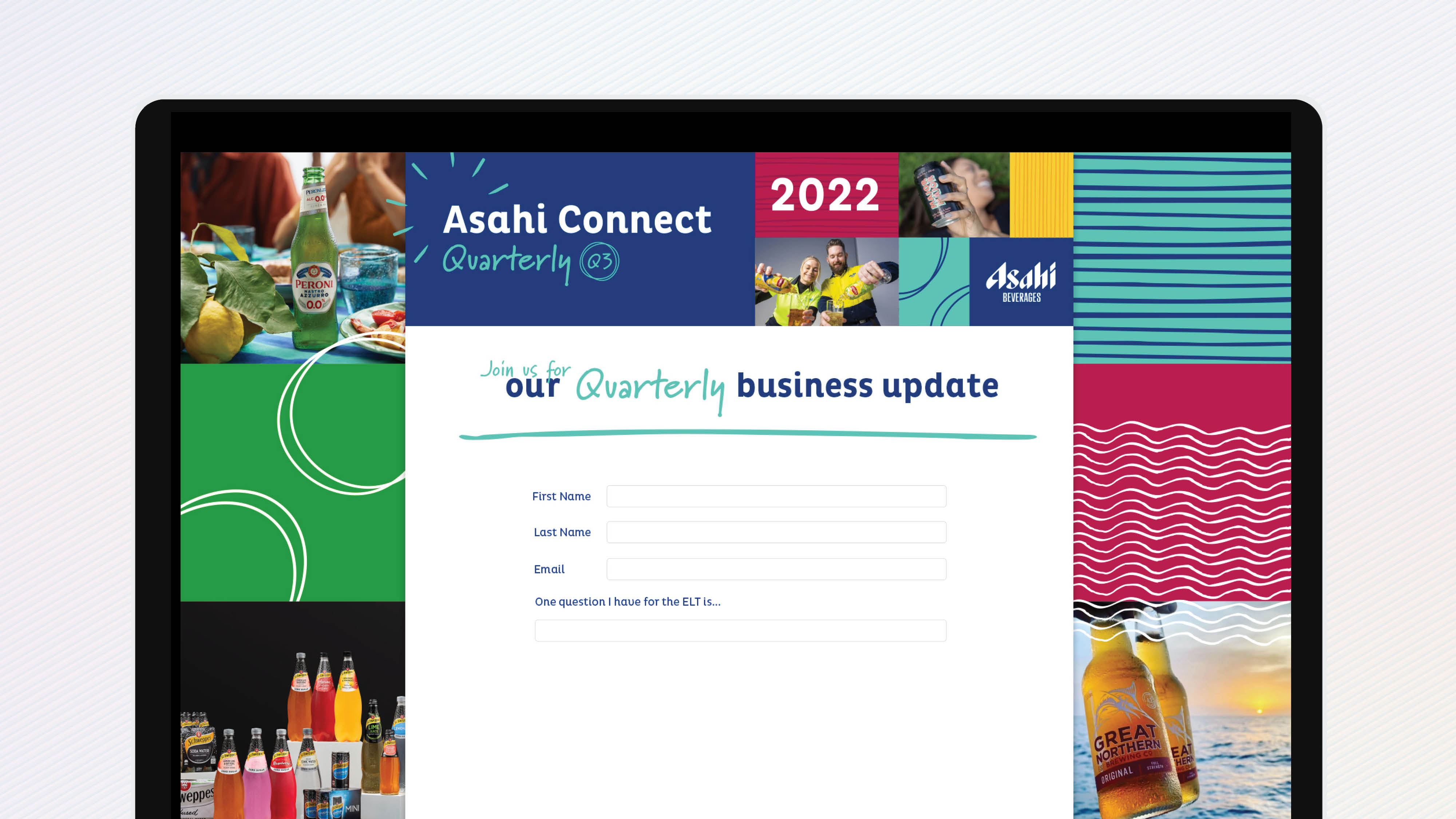 Asahi internal sign up email mock up, showing the fun and colourful branding in action.