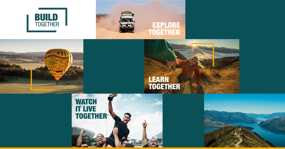 Build Together Trade Initiative's hero graphic, consisting of a tiled layout making use of exciting and inspirational imagery paired with emotive short statements.