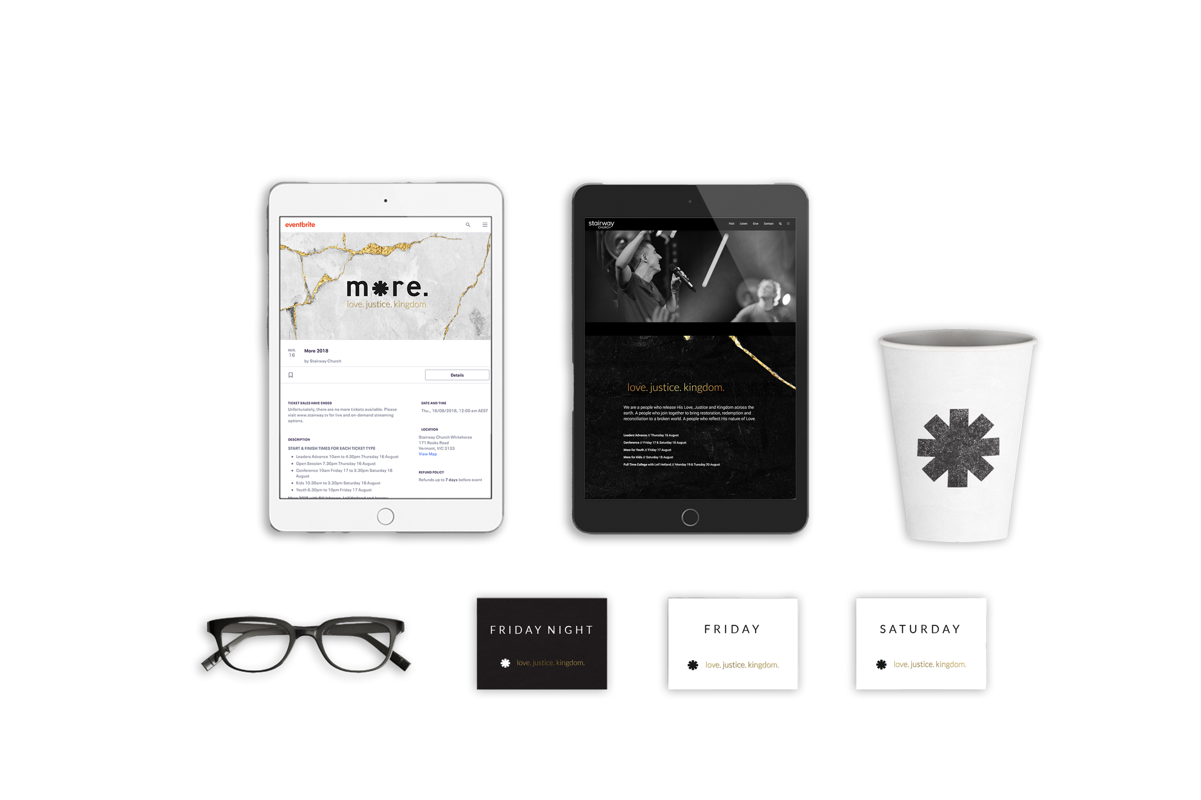 Image showcasing More Conference marketing materials. Showing here are two ipads showing the ticketing purchasing platform and the website. Then there's three cards showcasing examples of the tickets, and a branded coffee cup.