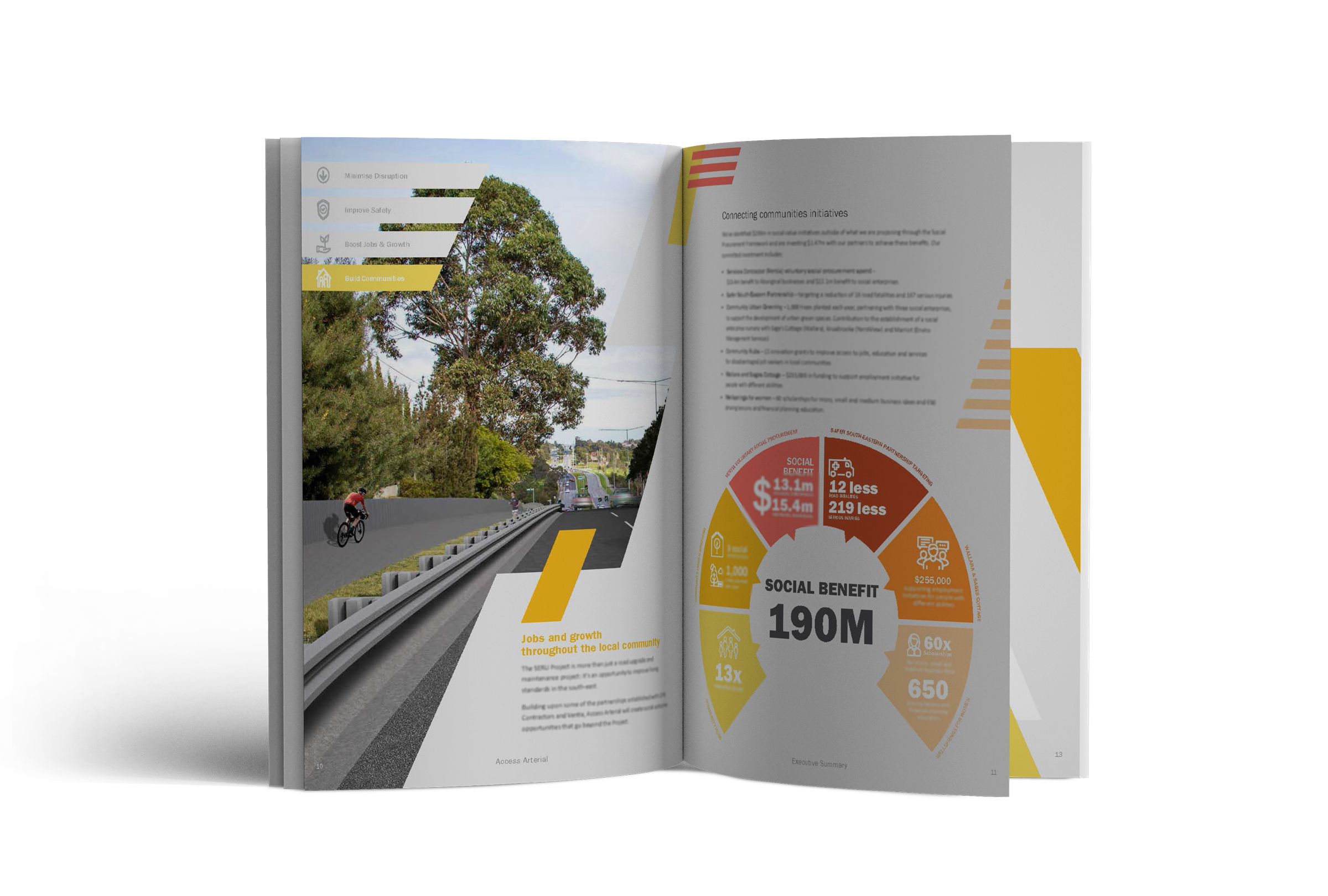 Inside spread from the high-level executive booklet that accompanied the entire Southern Roads tender Suburban Road Upgrade's project. 