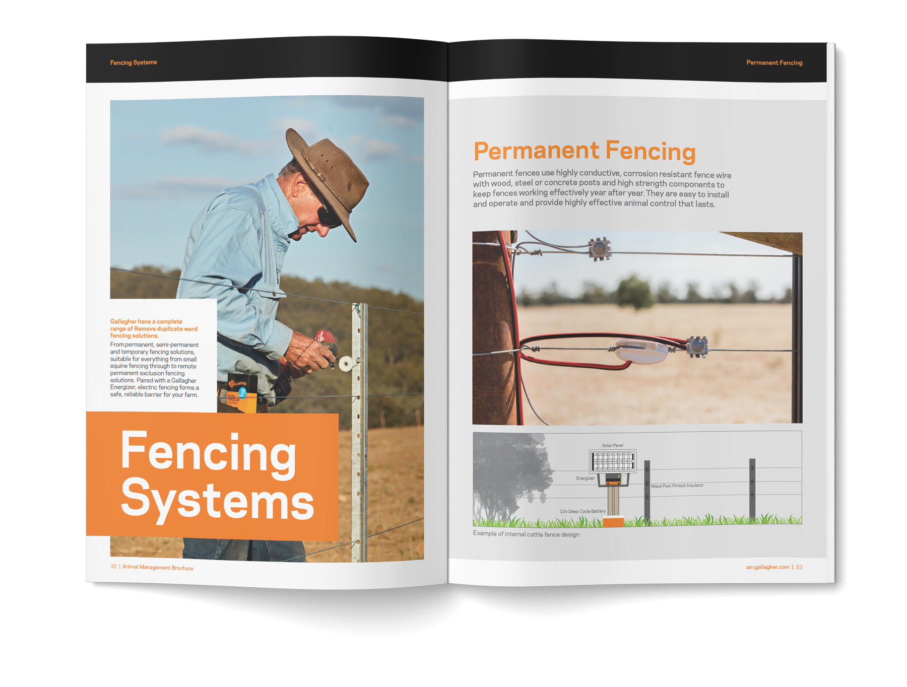 Gallagher Group Australia product catalogue inside spread. Image showing a category section page and subsequent high level detail.