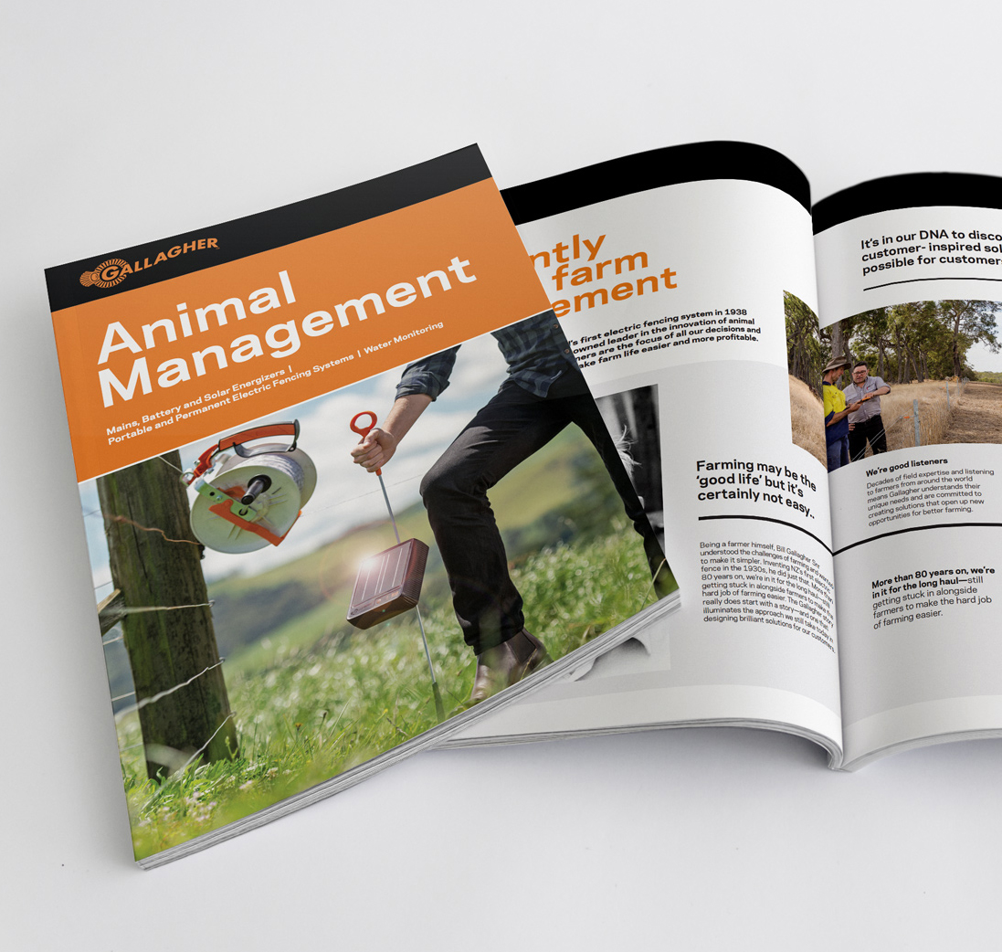 Gallagher Group Australia's product catalogue cover and inside spread.