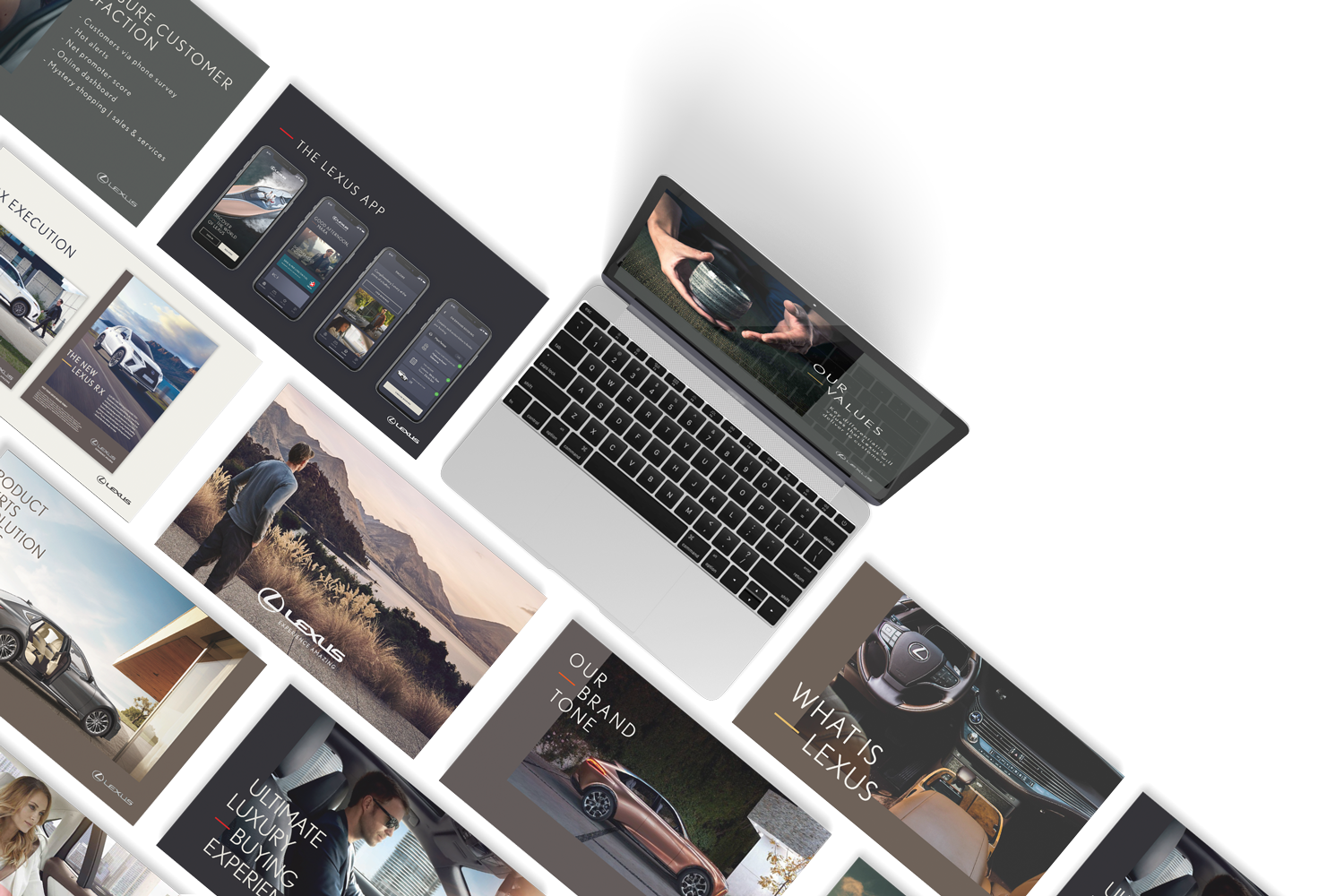A series of images highlighting  a presentation deck crafted for Lexus'.