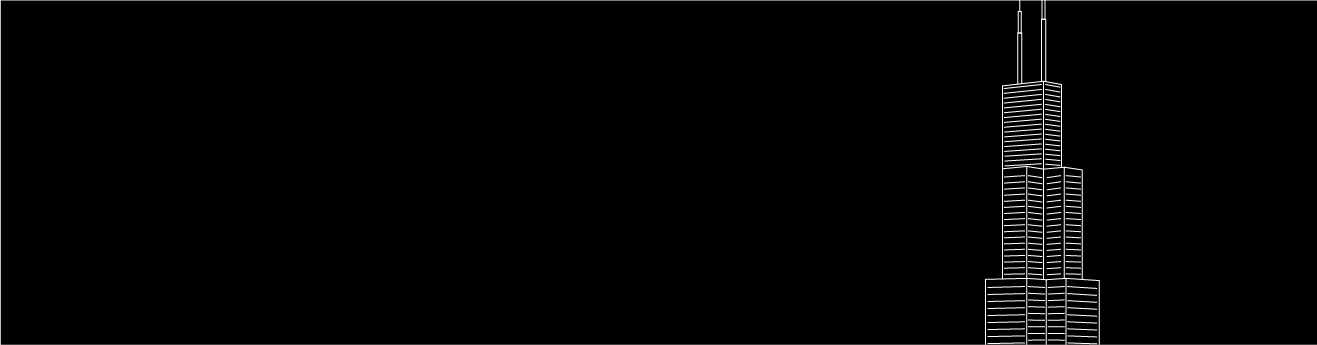 White line drawing of the Willis Tower skyscraper on a black background.