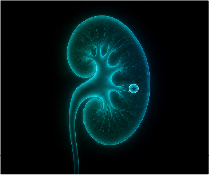Glowing blue translucent human kidney showing internal structures on a black background.