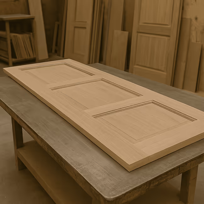 Mesa de trabajo con una puerta siendo fabricada encima. Varias puertas y piezas de madera en el fondo