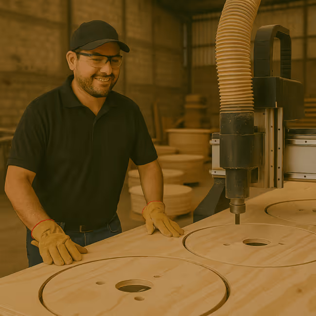 Empleado cortando carretes de una hoja de triplay usando una maquina CNC. En el fondo se ven otros carretes completados