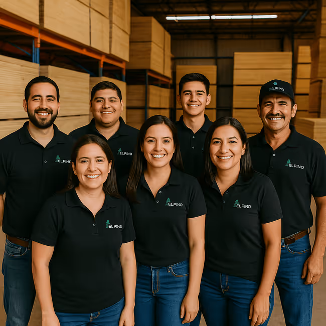 Grupo de empleados usando la misma playera negra con el logotipo de el pino. En el fondo hay bultos de material