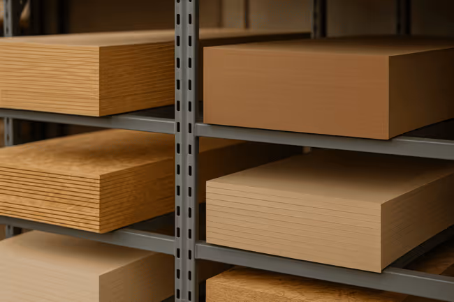 Racks con bultos de diferentes tipos de tableros, como triplay, mdf, etc