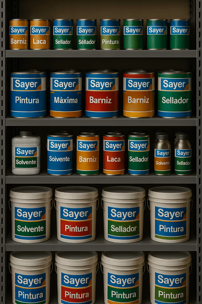Rack con diferentes latas, botes y cubetas de pinturas, solventes y otros liquidos para pintura