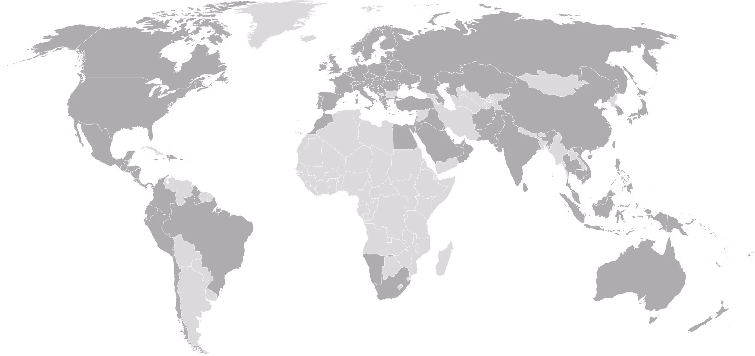 World map showing country borders with some countries shaded in light and dark gray on a black background.