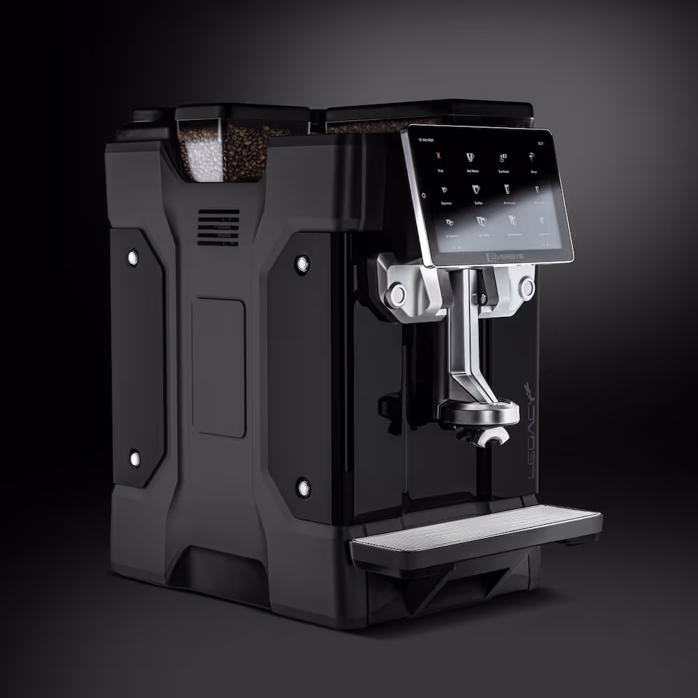 Black Legacy+ coffee machine with digital touchscreen and dual bean containers on top.