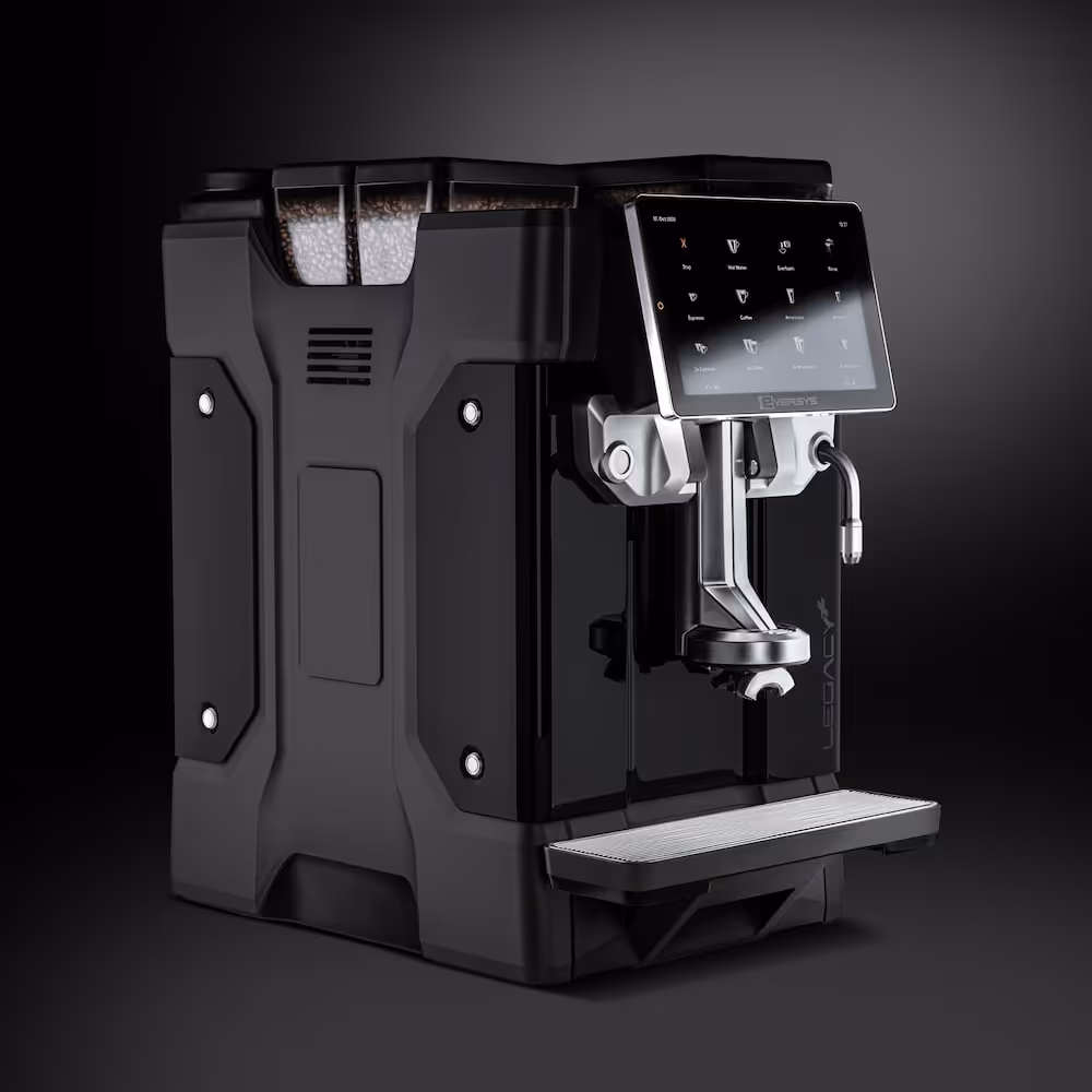 Modern black espresso machine with a touchscreen control panel and a milk frothing wand.