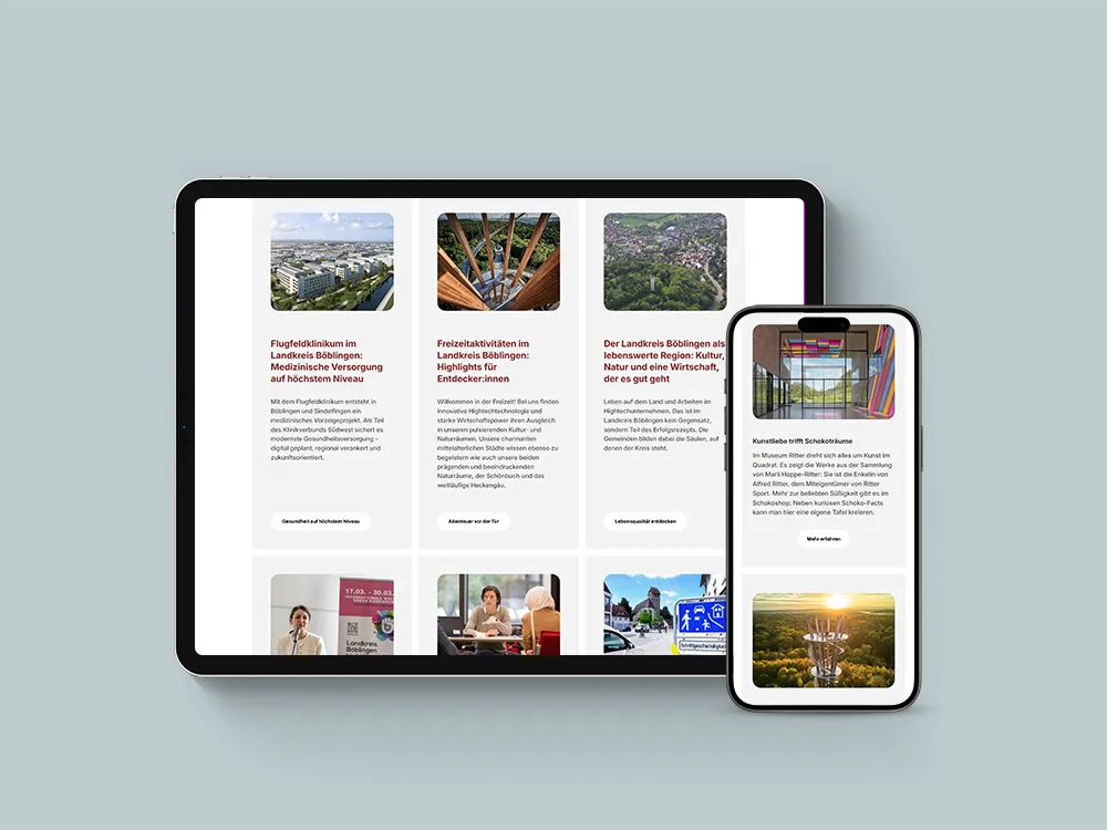 Ein Tablet und ein Smartphone zeigen eine deutschsprachige Webseite mit Artikeln über Freizeitaktivitäten, Gesundheitsversorgung und Kultur im Landkreis Böblingen.