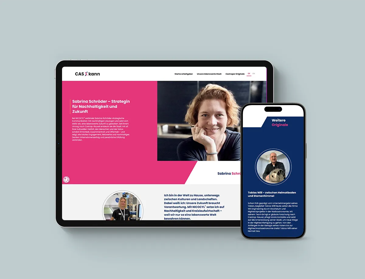 Tablet und Smartphone zeigen Porträts und Beschreibungen von Sabrina Schröder und Tobias Will auf einer Website zu Nachhaltigkeit und Heimat.