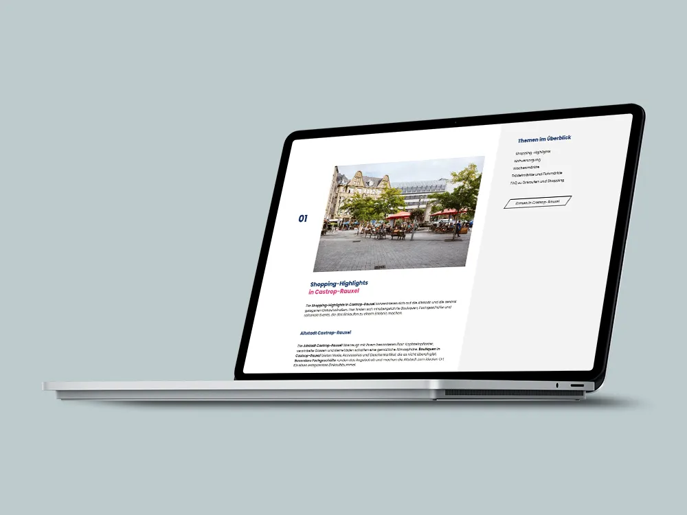 Laptop mit einer Webseite, die Shopping-Highlights in Castrop-Rauxel zeigt, mit einem Bild eines belebten Marktplatzes.
