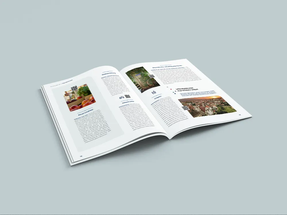 Offenes Magazin auf hellem Hintergrund mit Text und Bildern von Obst, Fahrrädern und einer Stadtansicht bei Sonnenuntergang.