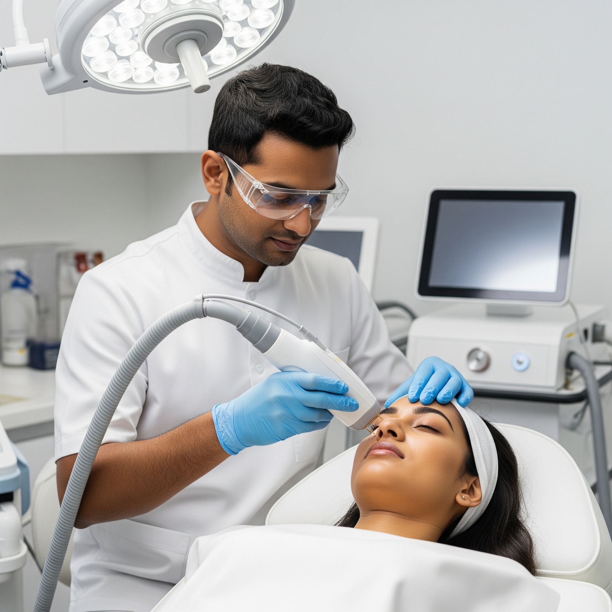 Professional laser treatment session with advanced dermatology equipment