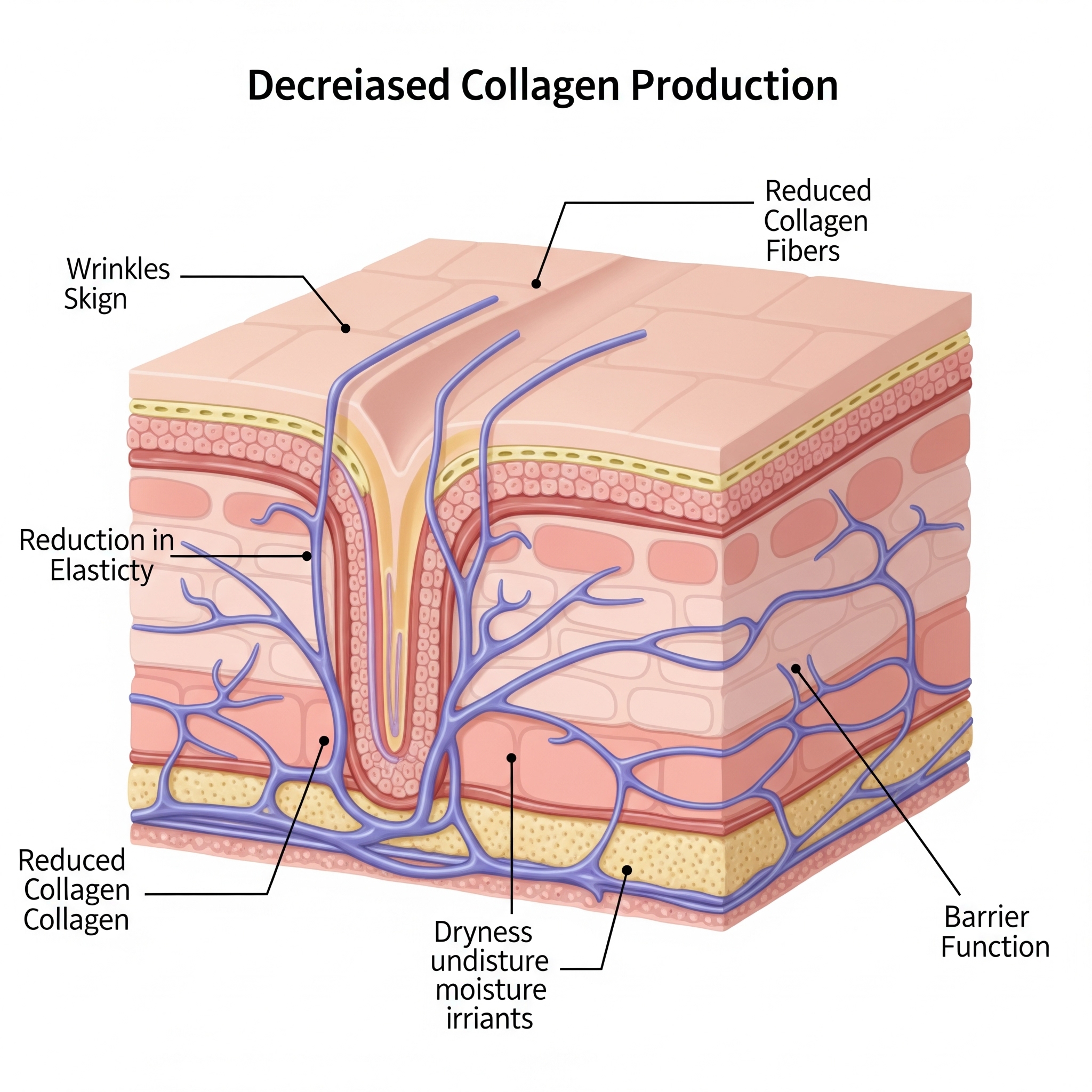 Medical illustration of skin aging process and cellular changes in skin layers