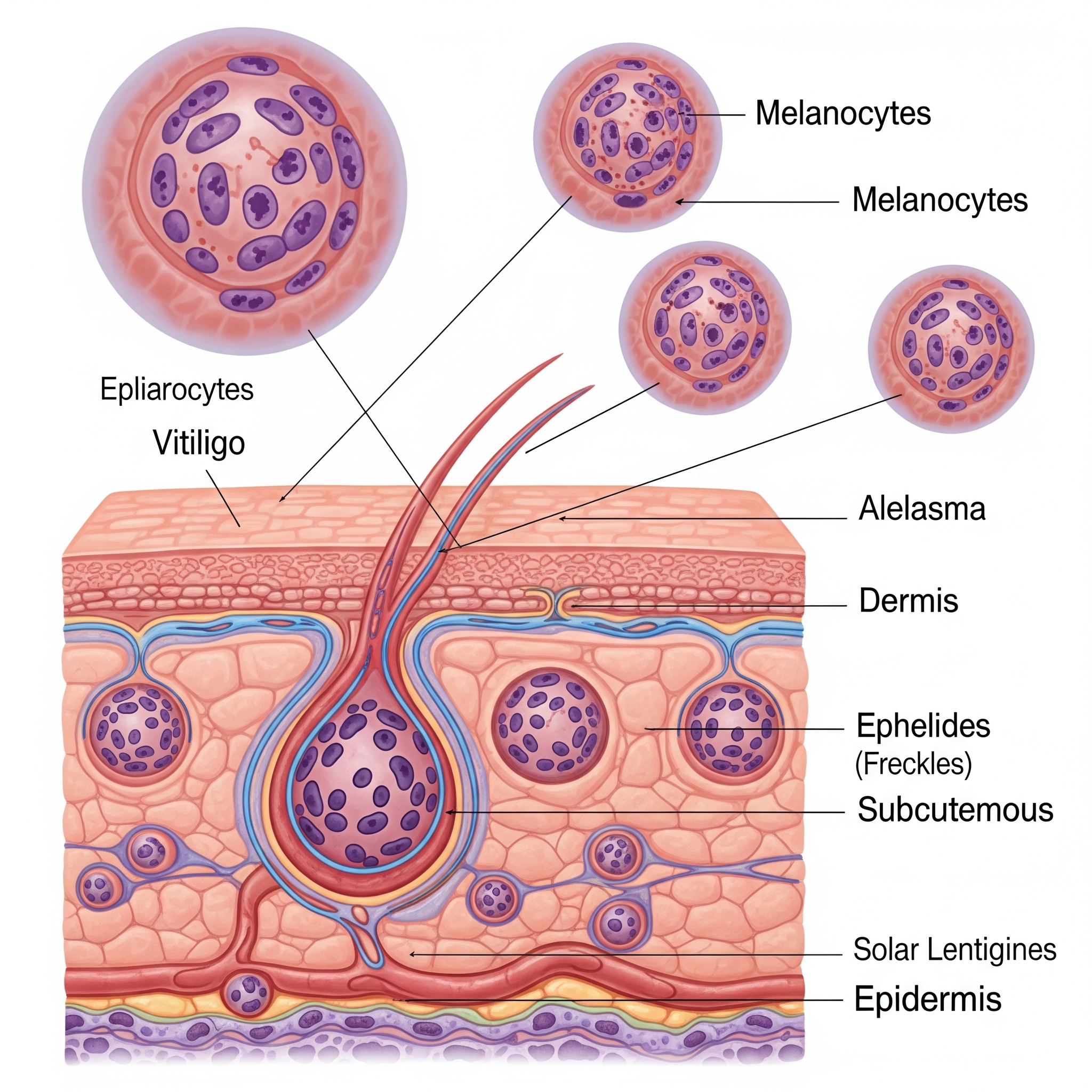 Medical illustration of pigmentary conditions and melanin distribution in skin