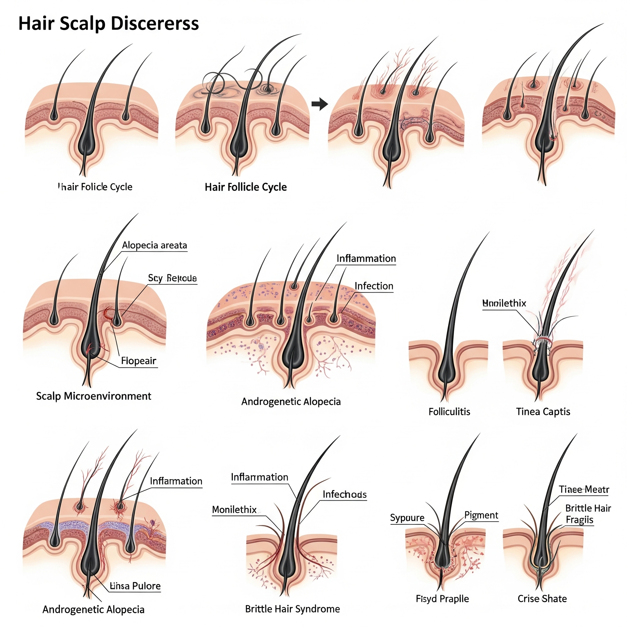 Medical illustration of hair follicle anatomy and common scalp disorder patterns