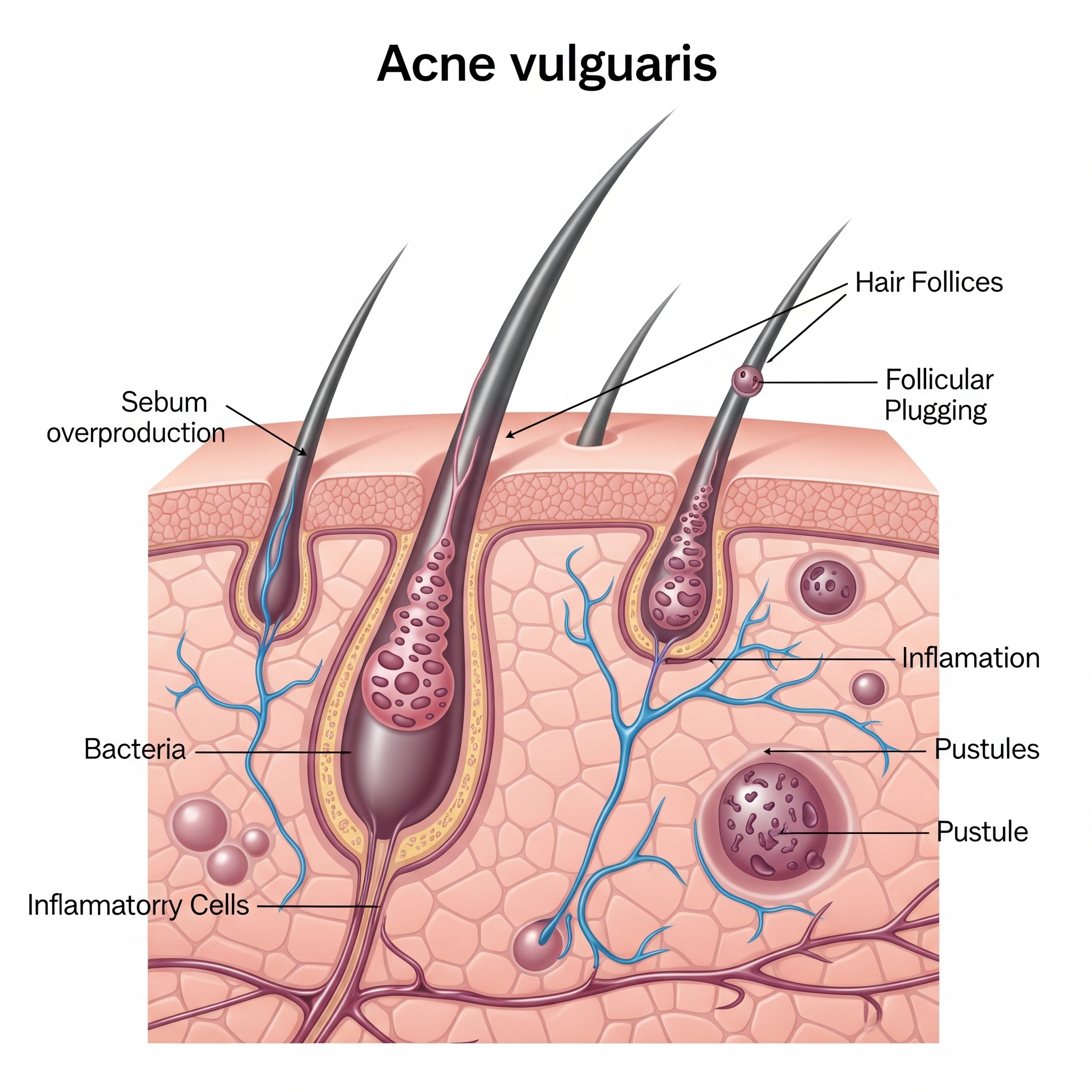 Medical illustration of acne vulgaris formation in hair follicles