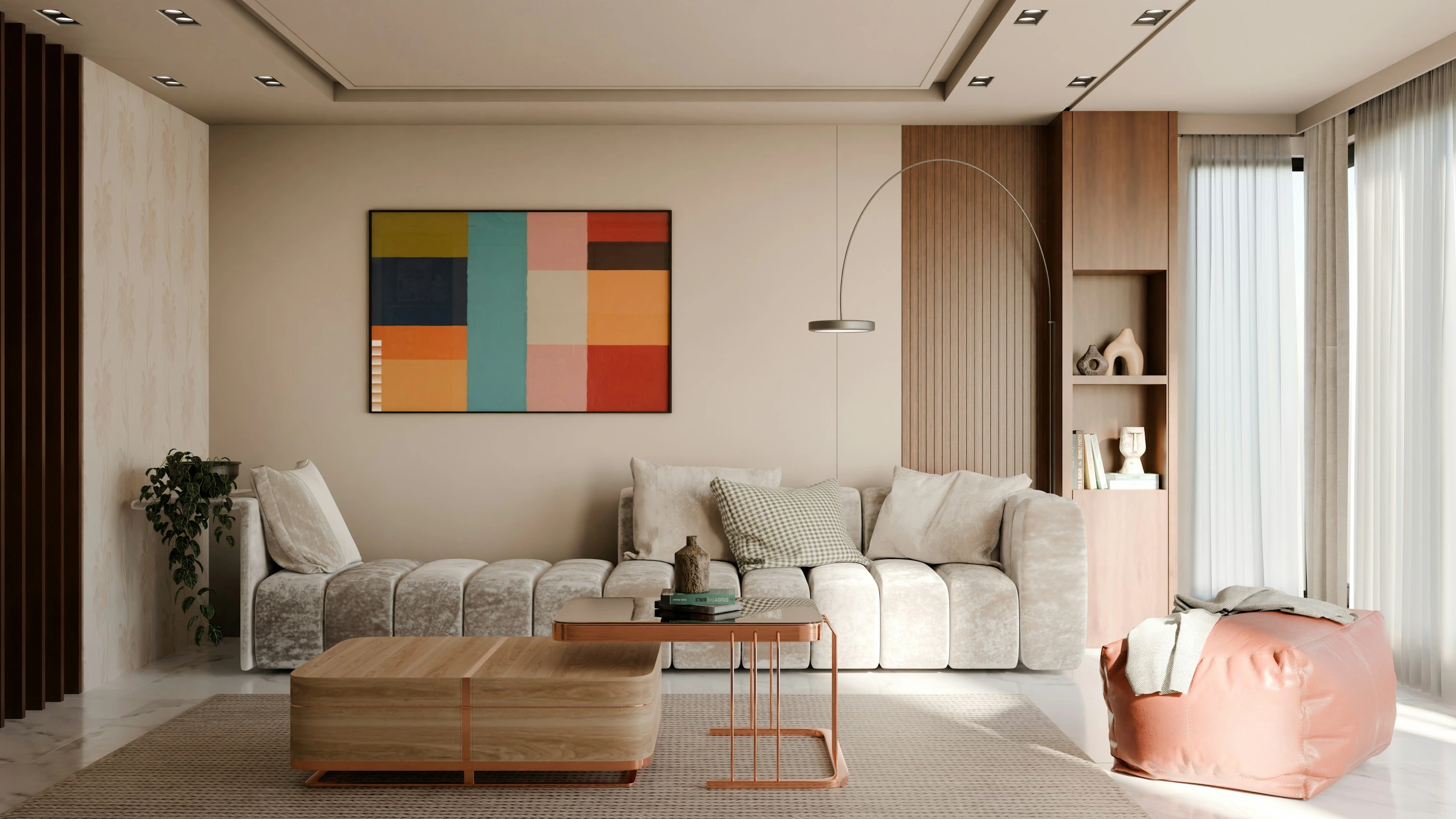 Salon blanc avec tableau coloré