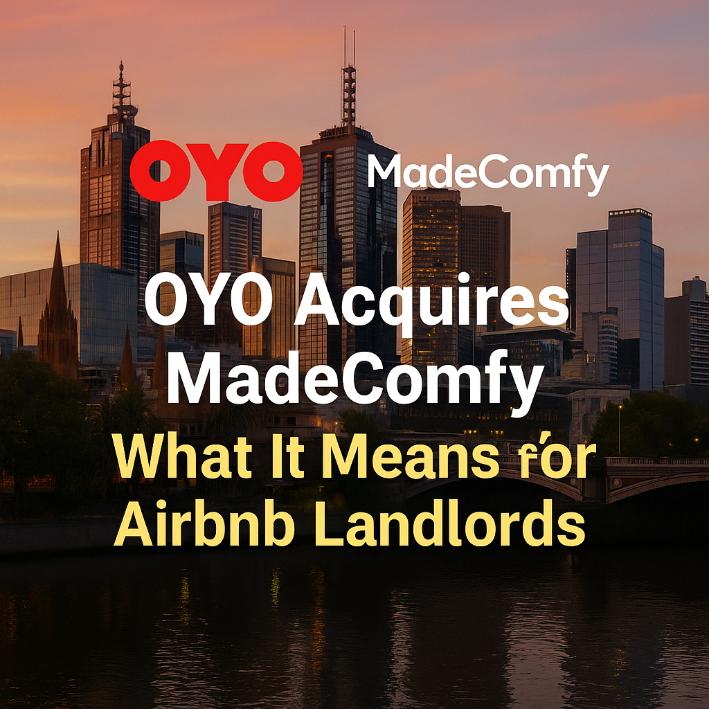 Digital graphic with the headline "OYO Acquires MadeComfy: What It Means for Airbnb Landlords"