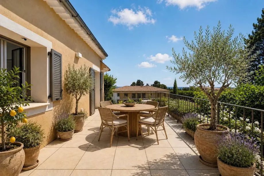 Terrasse ensoleillée avec table ronde en bois et quatre chaises, entourée de plantes en pots.