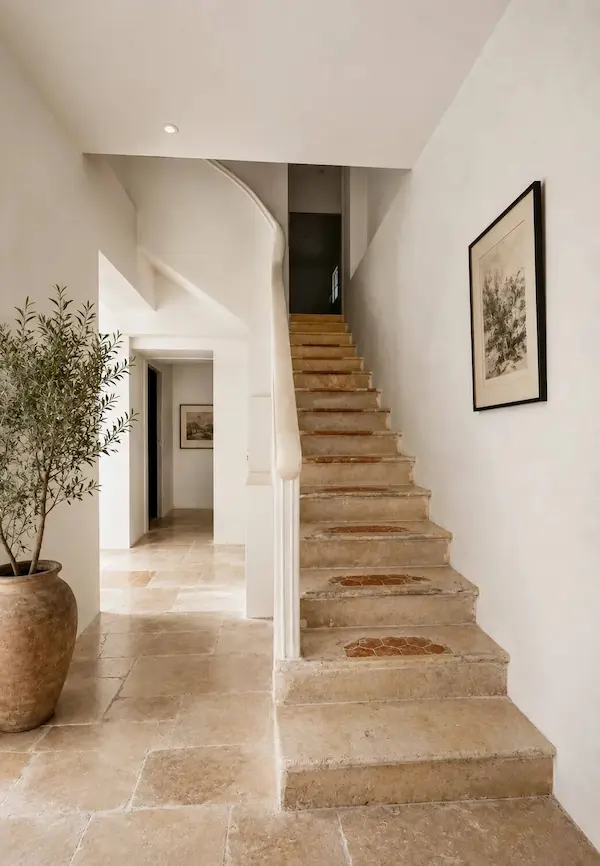 Intérieur avec escalier en pierre, grand vase avec plante à gauche et tableau accrochée au mur.