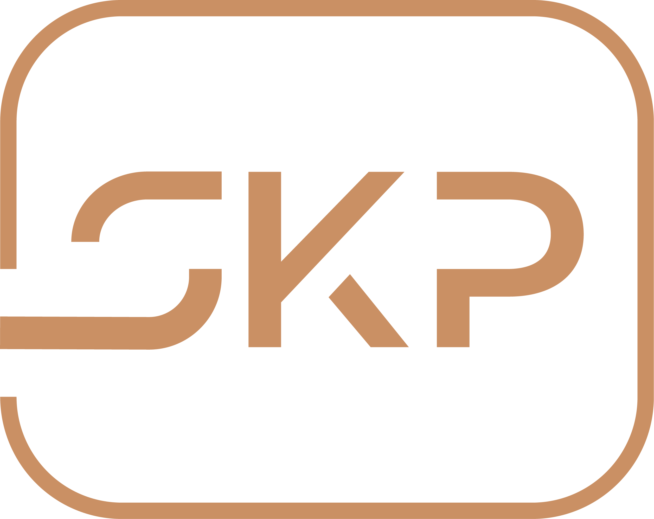 Logotipo con las letras SKP estilizadas en color marrón claro dentro de un borde rectangular redondeado.