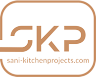 Logotipo de SKP con letras doradas y texto 'sani-kitchenprojects.com'.