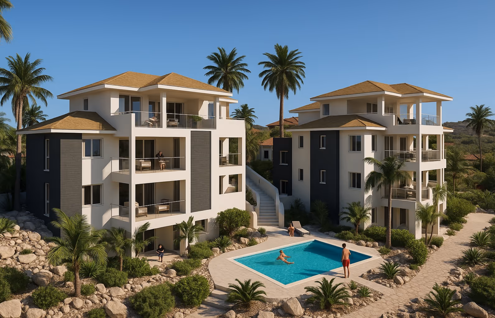 Dos edificios residenciales de tres pisos con balcones, rodeados de palmeras y vegetación, junto a una piscina donde dos personas están dentro y una más está afuera.
