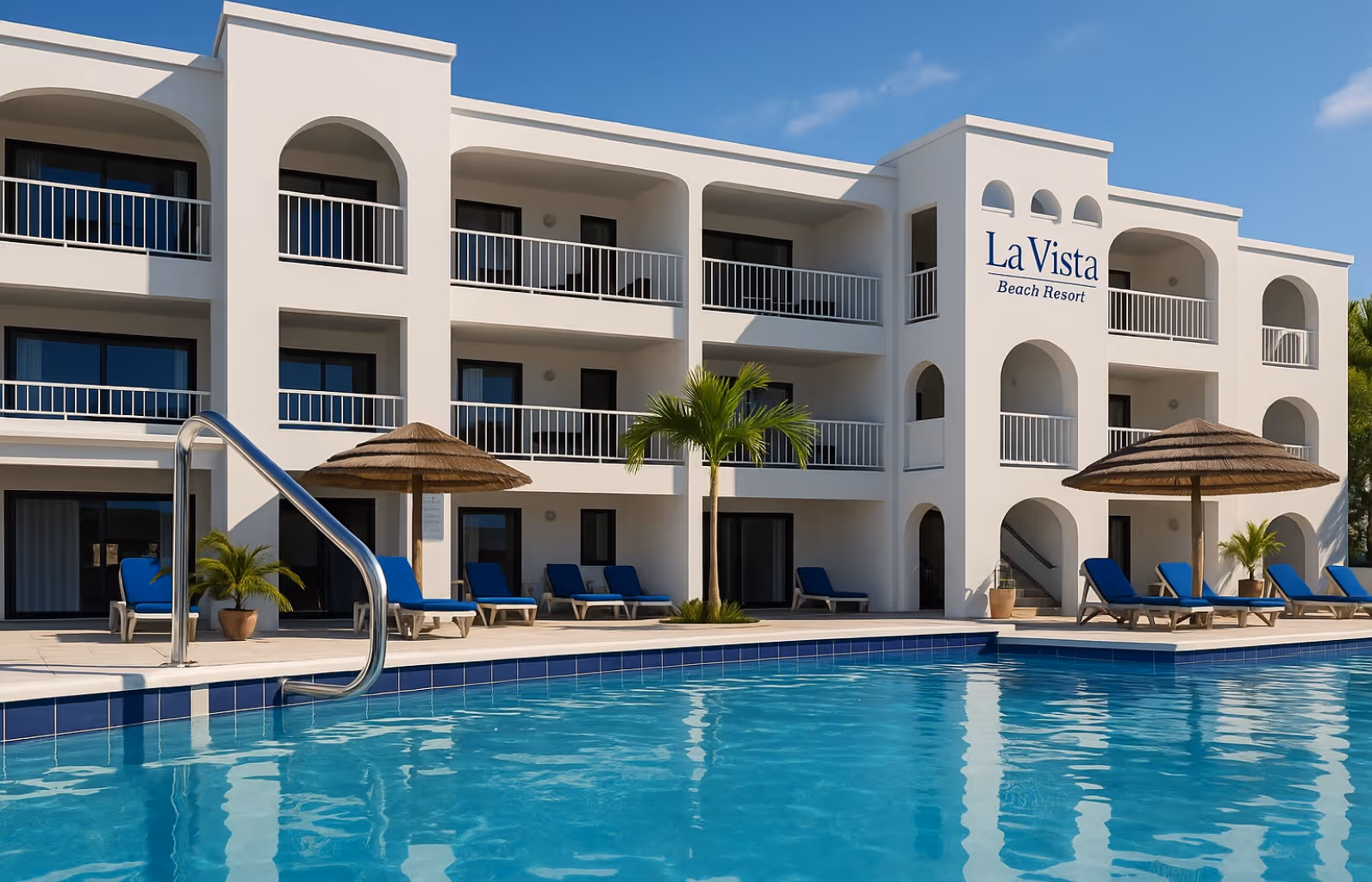 Fachada de un complejo hotelero blanco de tres pisos con piscina azul y tumbonas con sombrillas de paja.